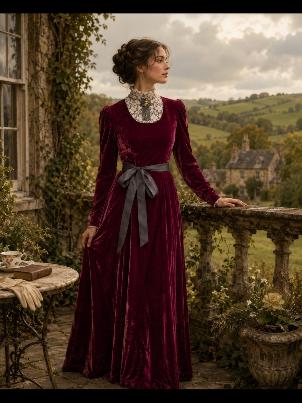 Vintage Velvet Long-Sleeve Maxi Dress in Deep Burgundy SIZE 4